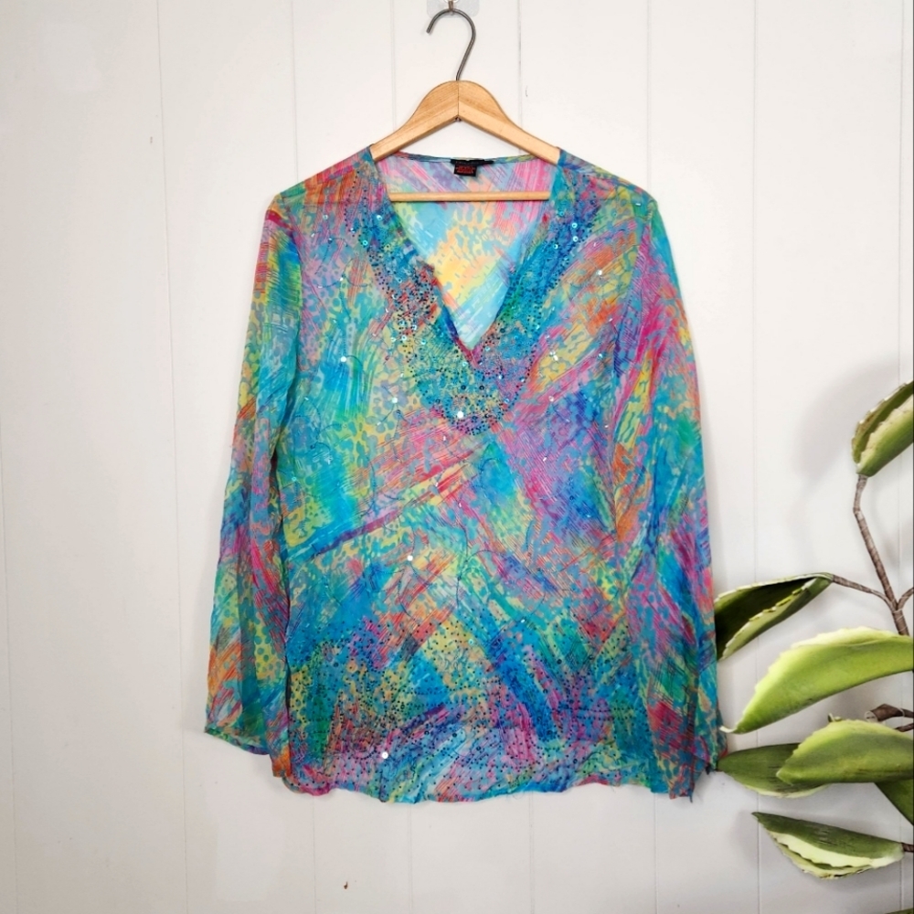 100% Silk DStudio Sheer Tunic Swim Cover-Up Top Boho Bohemian Summer Beaded